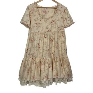 Nadir Floral Prairie Ruffle Hem Dress Large Cream Pink Roses Vintage Cottagecore